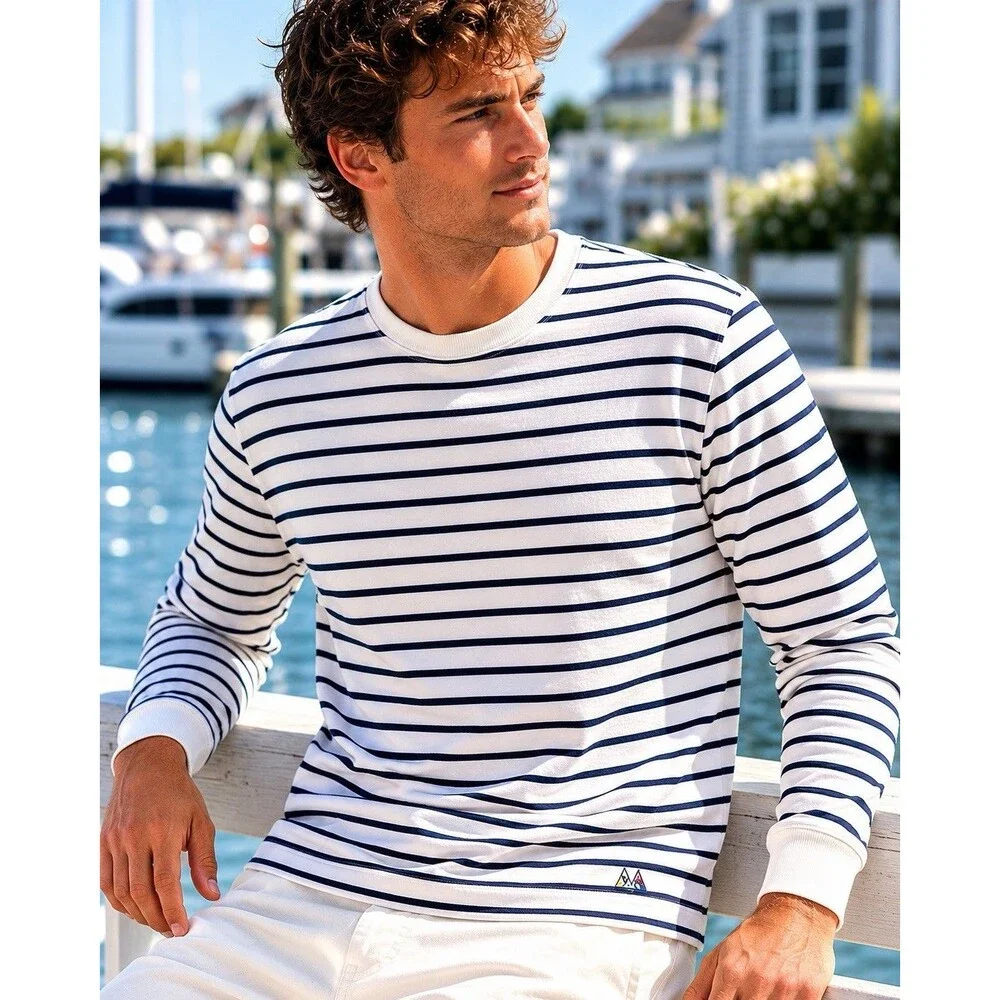 J Crew Maritime Jersey Mens XL White Black Striped Crewneck Nautical CR195